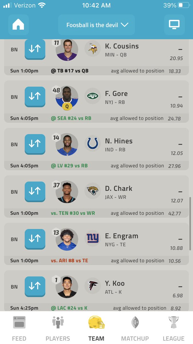 Mark3tingITS's tweet photo. @NFLFantasy I’m 6-7 and currently in 6th place of my 10 person league. This is my first year doing fantasy football but want to make the playoffs. Win and I’m in! 😎 #NFLFantasyLive https://t.co/ovM9OJrfR2