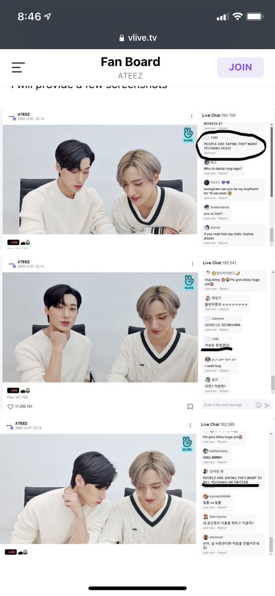 En el último VLIVE, mientras los chicos estaban en vivo se dejaron comentarios contra la vida de ys y pidiendo que abandone el grupoLos comentarios eran en coreano para que los chicos los entiendan...