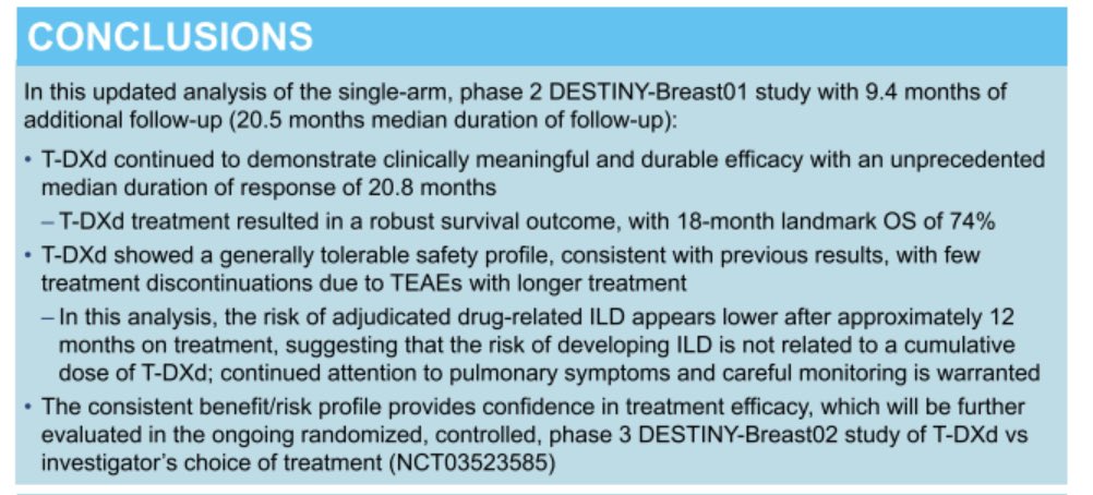 ✳️If possible, updated results from #DestinyBreast01 trial after 20 mo f-up are even more impressive than those reported on @NEJM 👉ORR 61% 👉mPFS 19.4 mo & mDOR 20.8 mo‼️ 👉mOS 24 mo in highly pretreated pts Slightly ⬆️ILD rate than previously reported (15% all grade, 2.7% G5)