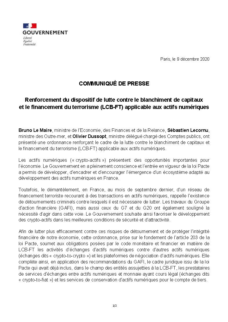 BrunoLeMaire's tweet image. Nous devons assécher au moindre euro tous les circuits de financement du terrorisme.

Avec @SebLecornu et @olivierdussopt, nous avons présenté en Conseil des Ministres ce matin une ordonnance permettant de renforcer la lutte contre l&apos;anonymat des transactions en crypto-actifs.