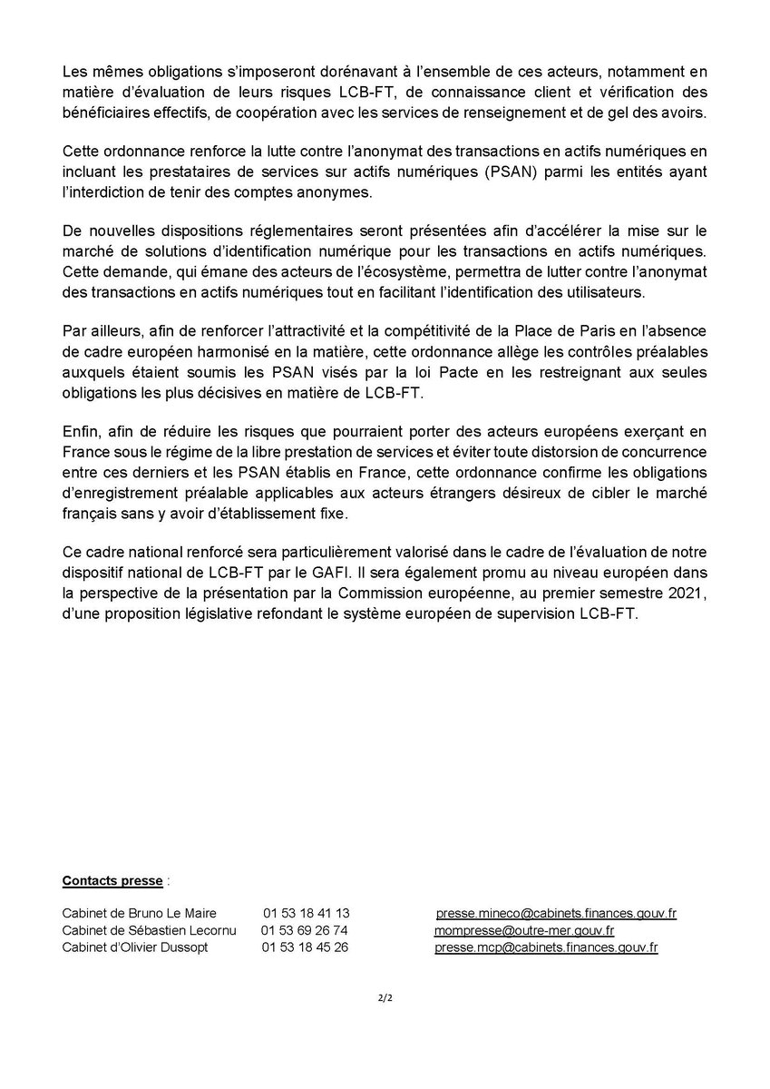 BrunoLeMaire's tweet image. Nous devons assécher au moindre euro tous les circuits de financement du terrorisme.

Avec @SebLecornu et @olivierdussopt, nous avons présenté en Conseil des Ministres ce matin une ordonnance permettant de renforcer la lutte contre l&apos;anonymat des transactions en crypto-actifs.