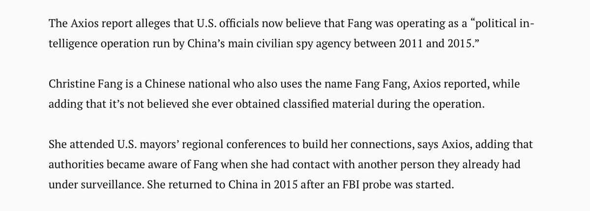Christine Fang cozied up to our intelligence committees and apparently an Ohio mayor. She left the US in *2015* after spying on the US for 4 years.  https://www.axios.com/china-spy-california-politicians-9d2dfb99-f839-4e00-8bd8-59dec0daf589.html