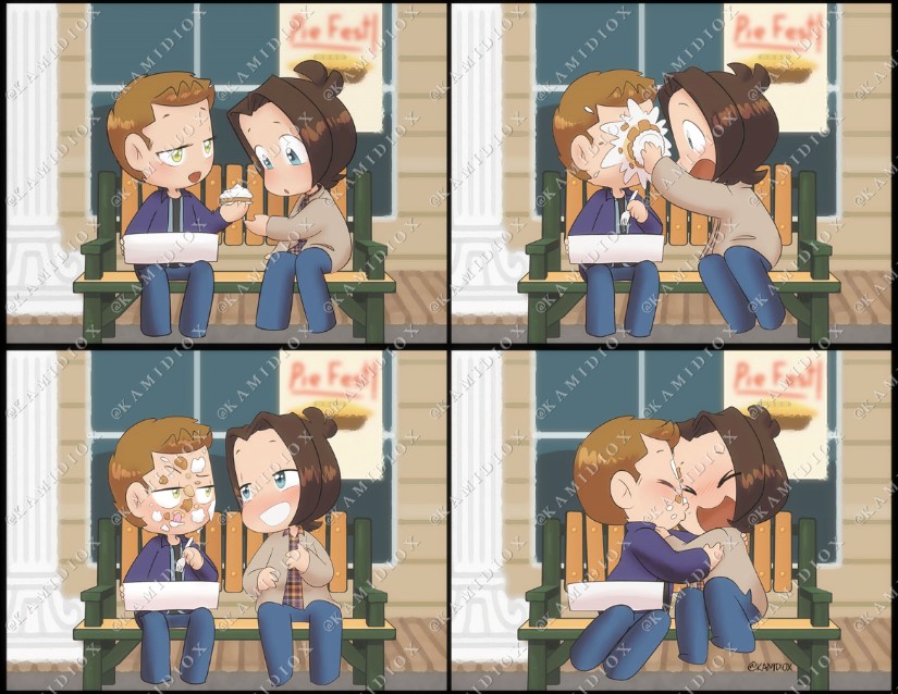 Kamidiox's tweet photo. So to celebrate today is #WincestWednesday and we have a "te amo" on the spanish dub (that won't be changed like certain "y yo a ti") here is the #Wincest version of the 15x20 pie scene (Although that's a redundance, ALL the episode was pure and unadultered Wincest) https://t.co/mkKZhRcA5d