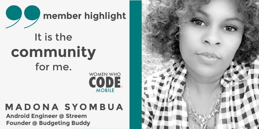 WWCodeMobile's tweet image. ✨ member highlight ✨ @madona_syombua ✨
Madona works as an Android Engineer @streem_pro  and a  track lead for #WomenWhoCode Mobile. she also ✨ founded ✨ Budgeting Buddy, an app that helps with budgeting, and is the mom of two little ones! 
#WomenWhoCodeCrushWednesday