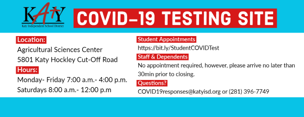 We are offering free COVID-19 testing to #KatyISD students &amp; staff (on District’s health insurance plan). Students can sign up for an appointment here: bit.ly/StudentCOVIDTe…. Employees are not required to make an appointment.