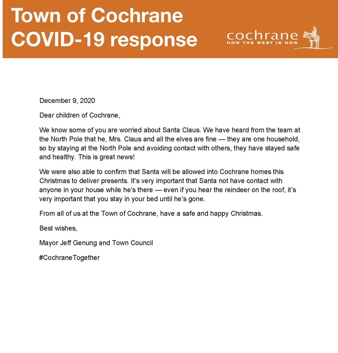 SANTA APPROVED TO VISIT
The Town has confirmed that Santa is allowed into #CochraneAB homes this Christmas. Remember: Santa should not have contact with anyone in your house — even if you hear reindeer on the roof, pls  stay in bed until he’s gone. 
Please share!