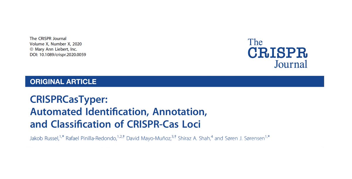 Hey Twitter! We are incredibly thrilled &amp; proud to see CRISPRCasTyper hot off the press! 🔥🥳

CCTyper accurately identifies + annotates CRISPR &amp; cas loci based on the 2020 classifications. Superfast, user-friendly + we will continue to upgrade it! liebertpub.com/doi/abs/10.108…

1/n