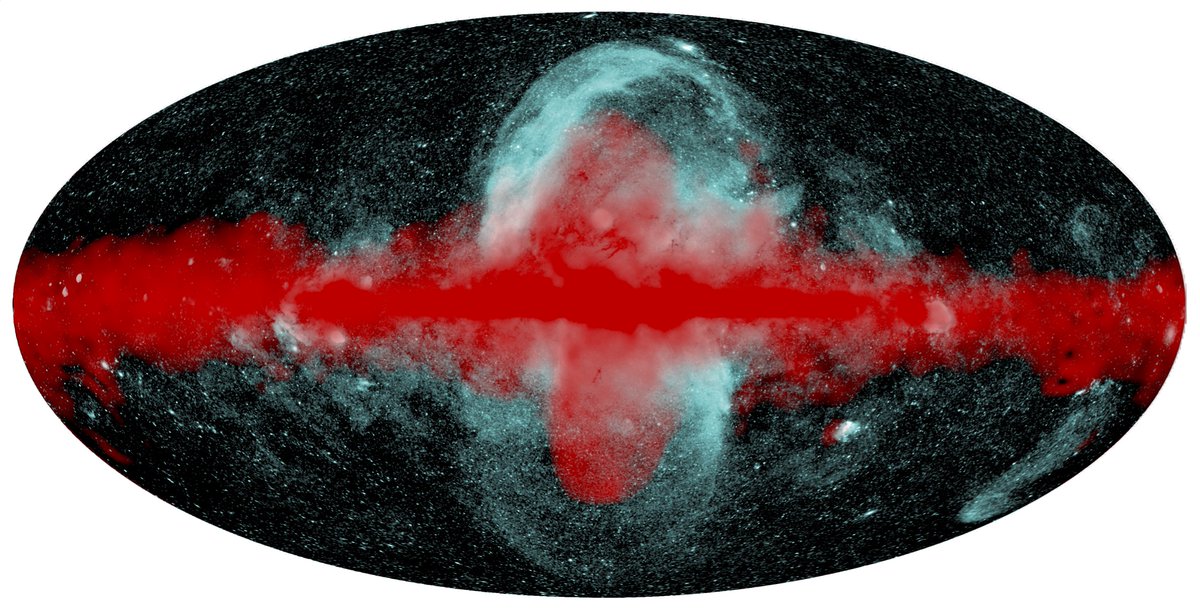Ever heard about the Fermi Bubbles? These are similar, but smaller, features detected in gamma-rays. We suspect these two sets of bubbles are produced by the same energy injection event at the Galactic center. The image shows the Fermi bubbles in red and the eROSITA ones in cyan