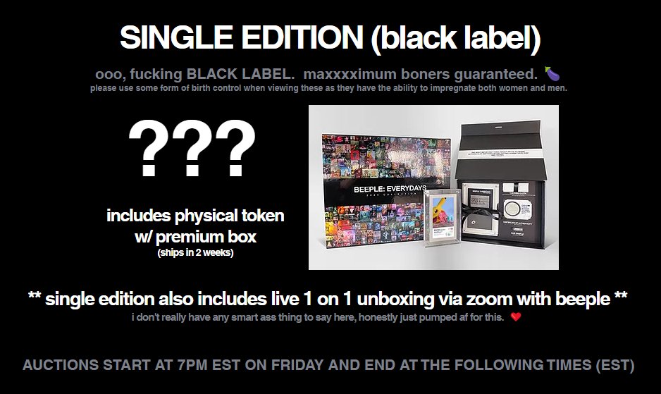 (3) Why is his second drop special?Beeple is dropping 21 (1/1) single edition auctions on  @niftygateway on the 11th of December. These are not your normal 1/1s, they come with a physical token and a premium box.A live 1 on 1 unboxing for every collector too!