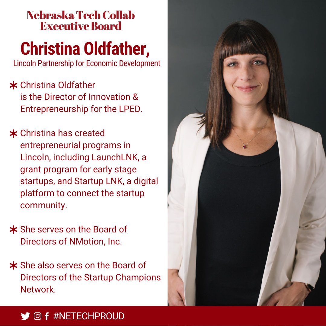 neb_tech's tweet image. Nebraska Tech Collab is super excited to announce that Christina Oldfather of Lincoln Partnership for Economic Development @SelectLincoln has joined the NTC Executive Committee.  Welcome to the team @CBinLincoln !!

#NETechProud
nebtechcollab.com/team/