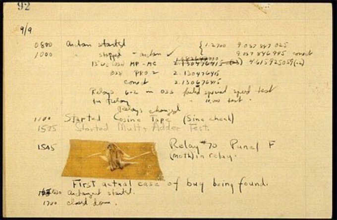 It is true that on September 9, 1947, Hopper or a member of her team pulled a moth from one of the relays in Harvard’s Mark II computer and taped it in their logbook. But she did not invent the terms “bug” or “debugging.”Image: Smithsonian