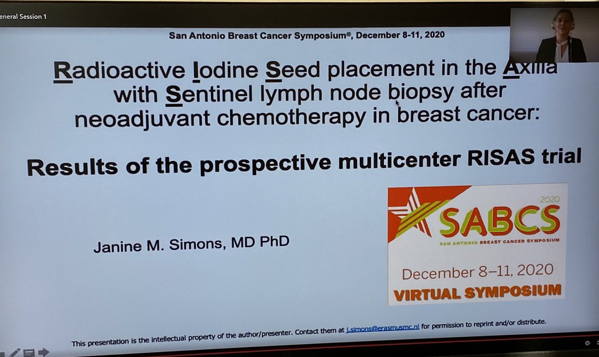 puneetsinghmd's tweet photo. .@simons_janine presents the Dutch RISAS trial with radioactive I-125 seed localization + SLND. Effective procedure for staging the cN+ axilla after NACT, comparable to targeted axillary dissection described by @AbigailCaudleMD #SABCS20 https://t.co/Qivr7VNK1H