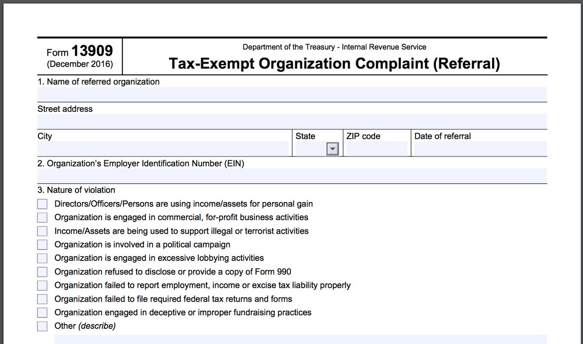 Charlie Kirk's Turning Point USA and Tom Fitton's Judicial Watch were involved in Trump campaign. Anyone can file a complaint with the  #IRS about tax-exempt organizations. "Nature of violation: Organization is involved in a political campaign."  https://www.irs.gov/pub/irs-pdf/f13909.pdf
