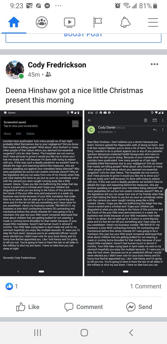 Cody also sent a long-ass wall of text to Dr. Hinshaw, which ends with Fredrickson saying Hinshaw will need the law and military in order to shut him down. Great. (4/8)