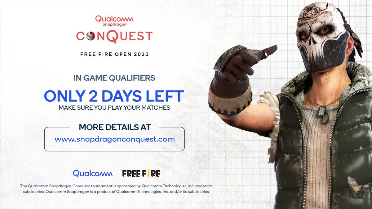 _ConquestEsport's tweet photo. ONLY 2 DAYS left to prove your mettle. 🏆​

The In-game qualifiers window closes soon, hurry and play your 15 classic matches! ⏰​

#snapdragonconquest2020 #freefire #snapdragonconquest https://t.co/HRyLmb9pct