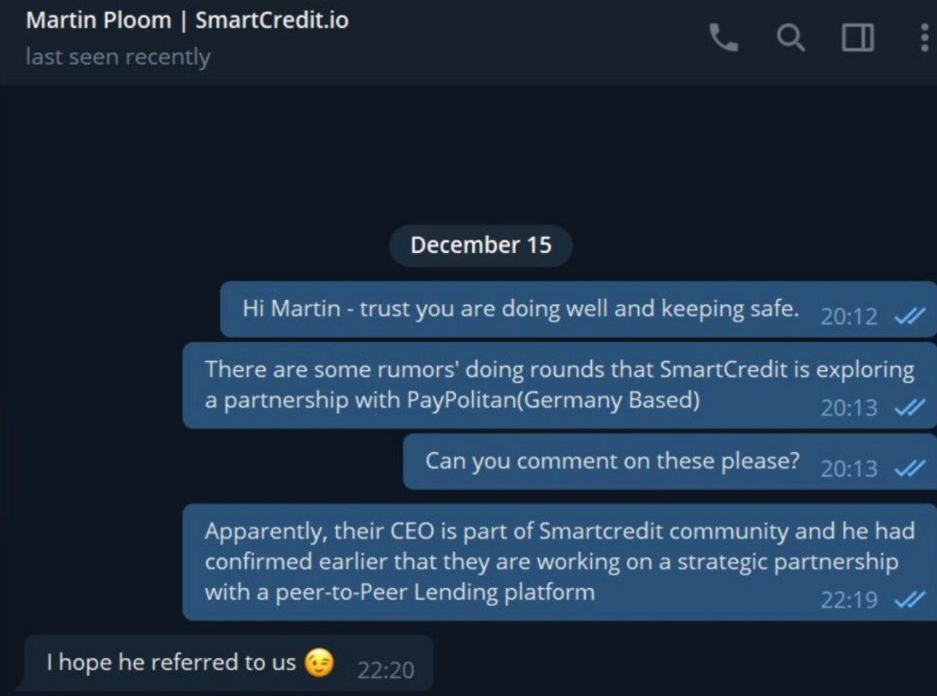 9) Partnerships with  $EPANMarketing deals in final stages with a Marketing company and various CT influencers.Also a WIP deal with a Peer-2-Peer Crypto Lending Company. $SMARTCREDIT has given some indications that its them.