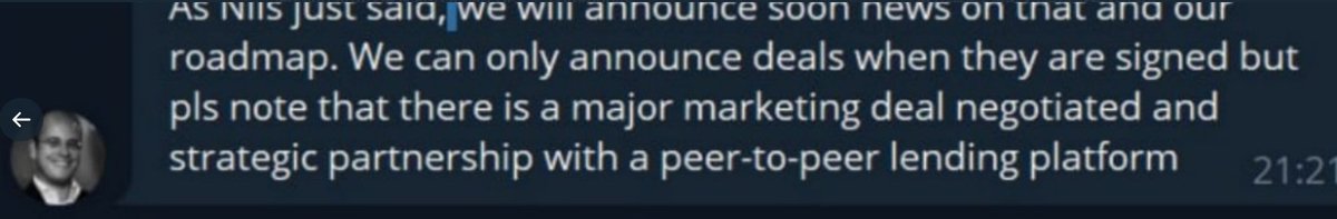 9) Partnerships with  $EPANMarketing deals in final stages with a Marketing company and various CT influencers.Also a WIP deal with a Peer-2-Peer Crypto Lending Company. $SMARTCREDIT has given some indications that its them.