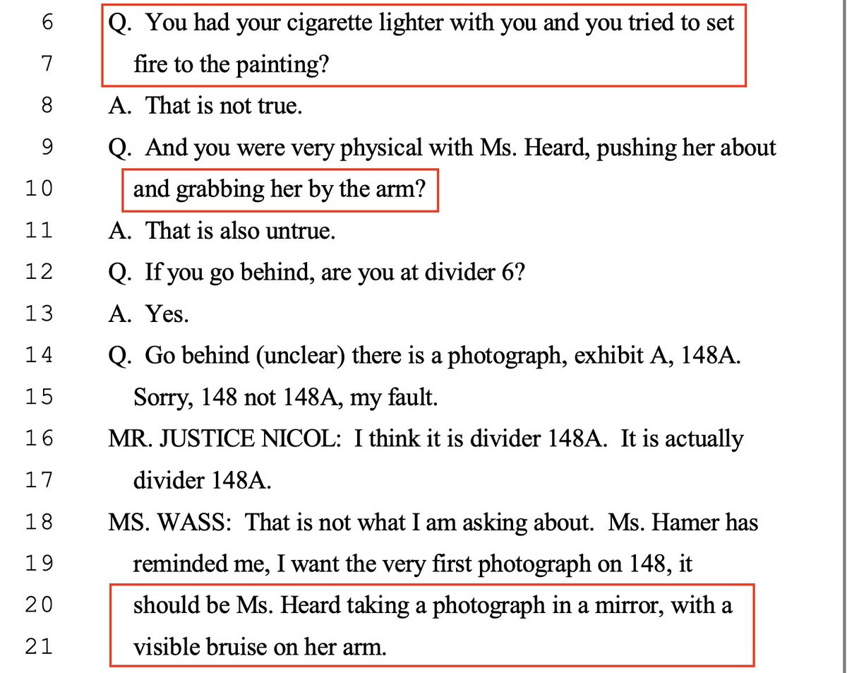 In court Wass added something that wasn't in any of AH's statements:"And you were very physical with Ms. Heard, PUSHING her about and GRABBING her by the arm." Wass proceeded to show JD the pic of AH's BRUISED ARM, implying that he bruised AH's arm when pushing & grabbing her.