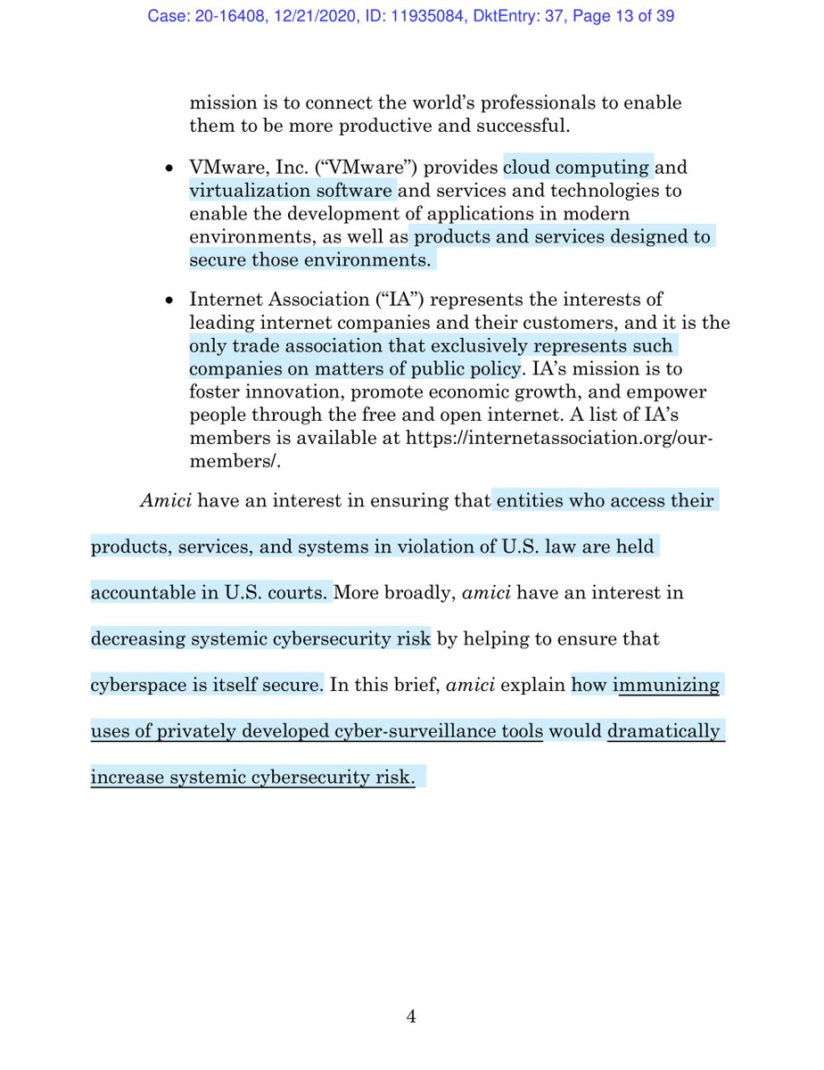 As you’ll recall NSO/QTech repeatedly argued FISA...essentially that they are “immune” & out of reach of our Judicial System “...amici explain how immunizing uses of privately developed cyber-surveillance tools would dramatically increase systemic cybersecurity risk...”