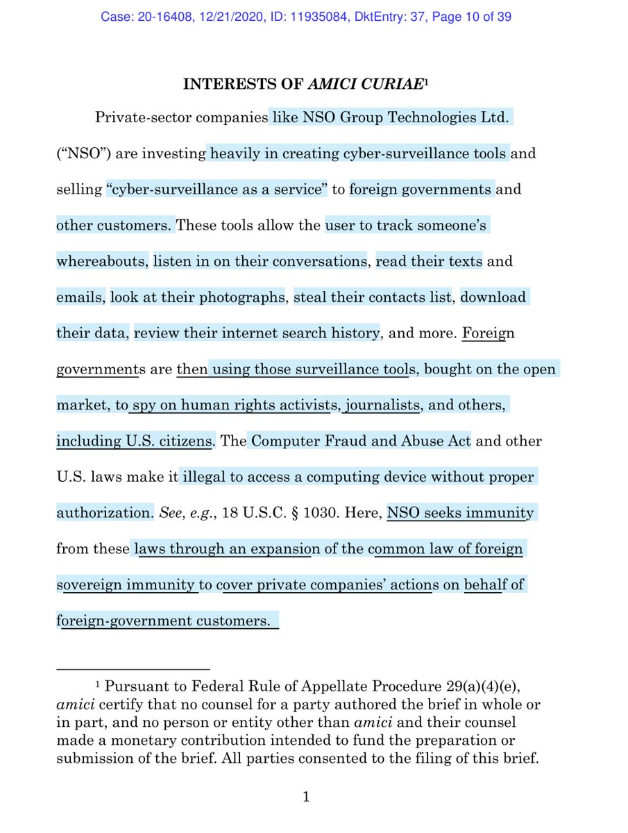 As you’ll recall NSO/QTech repeatedly argued FISA...essentially that they are “immune” & out of reach of our Judicial System “...amici explain how immunizing uses of privately developed cyber-surveillance tools would dramatically increase systemic cybersecurity risk...”