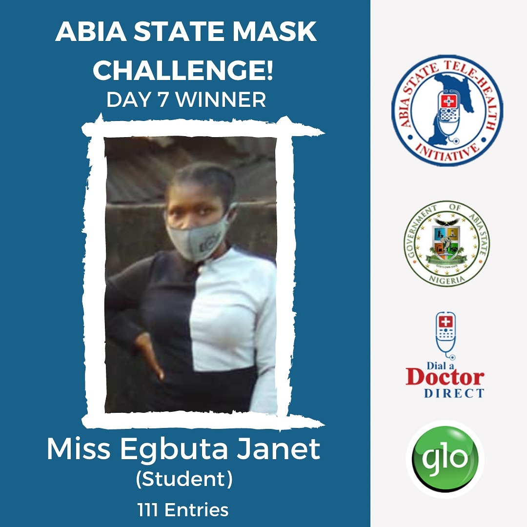 Dialadocdirect2's tweet photo. It's getting hotter.
And the goodnews is that people are keeping safe through this challenge. 

Guess who our Day 7 winner of the  ABIA MASK UP CHALLENGE is?
Miss Egbuta Janet Anaga from Abia State in ohafia
We have a winner in Miss. Janet with a total of 111 entries https://t.co/cwDw8zrHLu