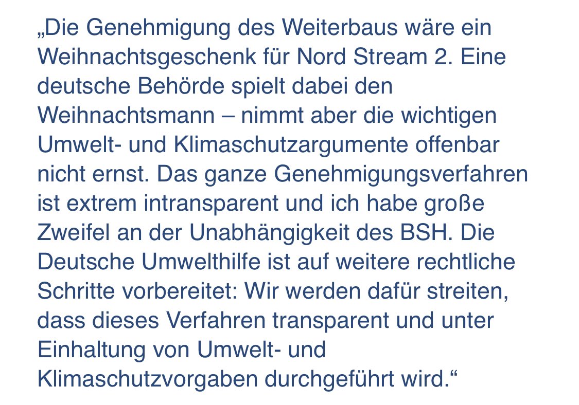 As a result of the changed permit character, environmental organizations and other third parties became legally unable to challenge the BSH permit and stop the construction work in December. Something,  @ConstZerger of the  @Umwelthilfe called “a Christmas present to  #NordStream2.