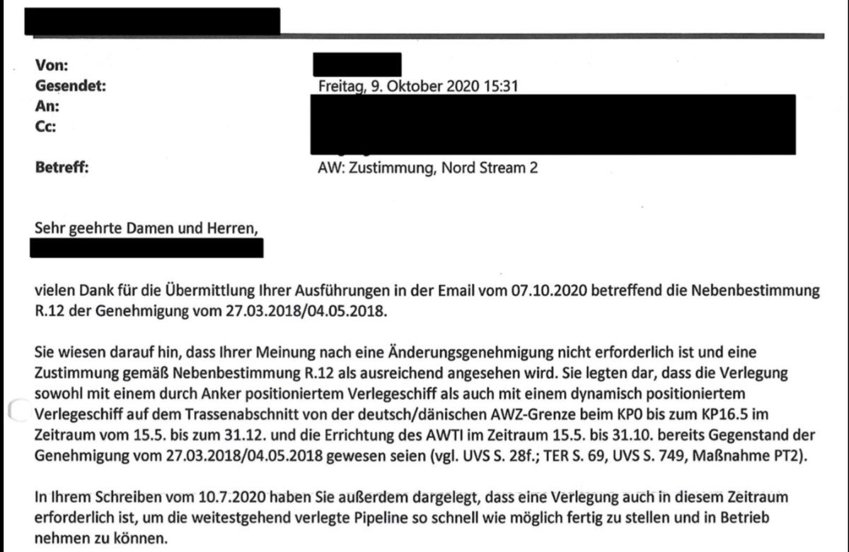 The documents prove that a  @NordStream2 lawyer intervened in the permission process of the federal agency in October (by email!), turning a formal “change authorization” to continue building the pipeline in December 2020 into an informal “approval” of the company’s application.