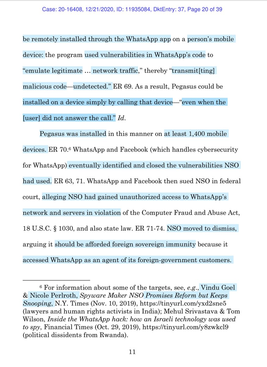 “Expanding foreign sovereign immunity to private companies that use their own cyber-surveillance tools at the behest of their numerous foreign-government customers would dramatically increase the creation and use of cyber-surveillance tools globally..”See footnote on page 12