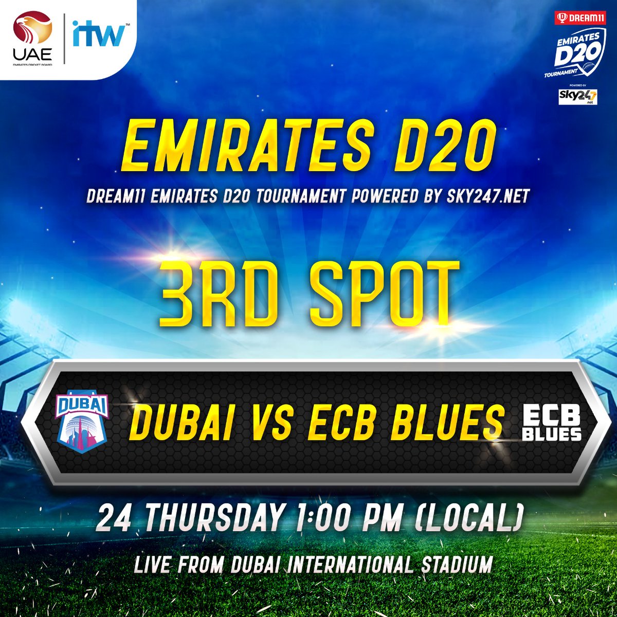 EmiratesCricket's tweet photo. We're in for a THRILLING afternoon of Cricket with @Dream11 #EmiratesD20 Finals @DubaiStadium 

First up 1pm - 3rd &amp; 4th place playoffs #ECBBlues v #Dubai 

Followed at 5p - #GoingForGlory &amp; the Emirates D20 crown #Fujairah v #Sharjah https://t.co/IDxNEftW3r