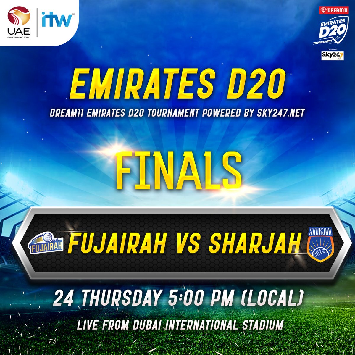 EmiratesCricket's tweet photo. We're in for a THRILLING afternoon of Cricket with @Dream11 #EmiratesD20 Finals @DubaiStadium 

First up 1pm - 3rd &amp; 4th place playoffs #ECBBlues v #Dubai 

Followed at 5p - #GoingForGlory &amp; the Emirates D20 crown #Fujairah v #Sharjah https://t.co/IDxNEftW3r