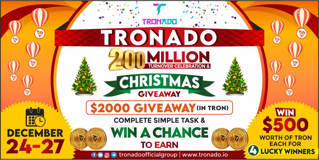 TRDOtoken's tweet photo. TRONADO COMMUNITY GIVING AWAY $2000 IN TRON.  $200 MILLION TURNOVER &amp; CHRISTMAS CELEBRATION.
Complete Simple Task to Earn - $500 each to 4 Lucky Winners. 
👉 https://t.co/GkxjVNXIH0 

#Giveaway #TRON #tronado #freemoney #Airdrops https://t.co/VkfgR0c9be