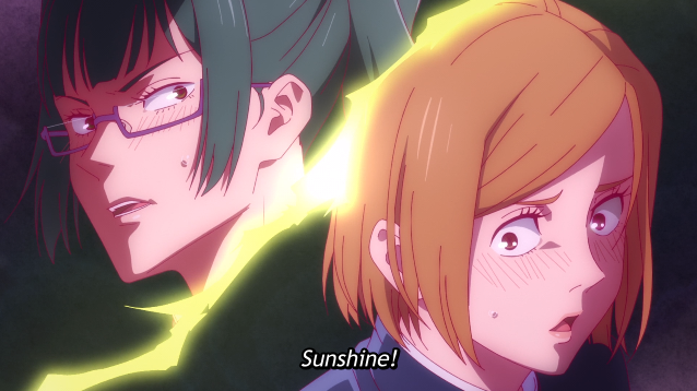 This didn't get translated out at all Imagine the high-school-cool-boy Megumi suddenly talking in a super childish way: "He smells like Mr. Sun."(actually even cuter than that!)That's why the girls are having the reaction: "Mr. Sun?!"How/What did you teach him Gojo...