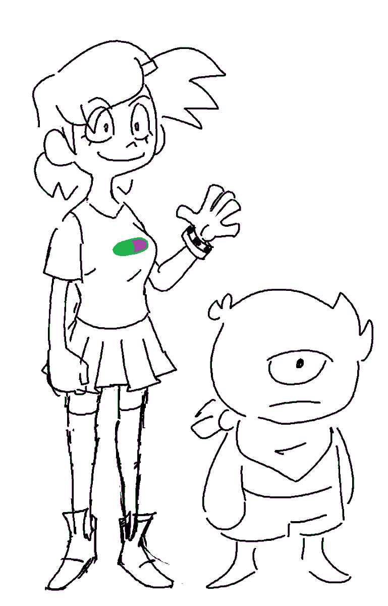 New character, she has no name yet. That's Rolus on the right. The second image is scrapped stuff, the final design was done w/ help from @Cydure