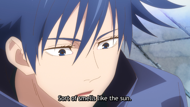 This didn't get translated out at all Imagine the high-school-cool-boy Megumi suddenly talking in a super childish way: "He smells like Mr. Sun."(actually even cuter than that!)That's why the girls are having the reaction: "Mr. Sun?!"How/What did you teach him Gojo...