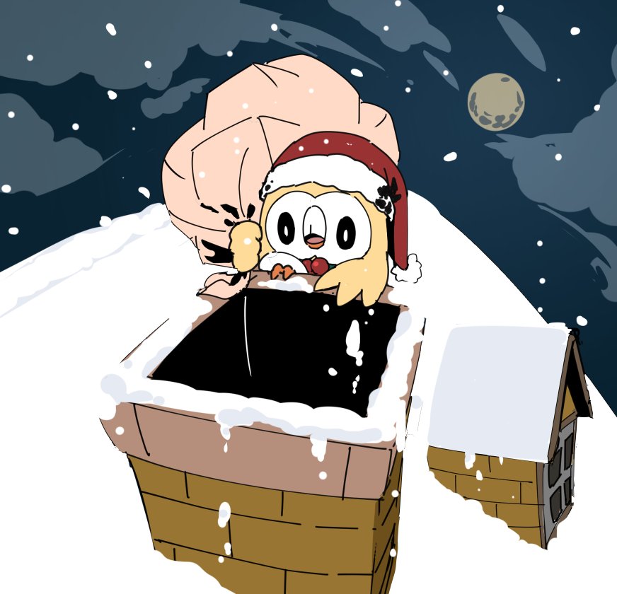 rowlet chimney no humans moon pokemon (creature) hat santa hat night  illustration images