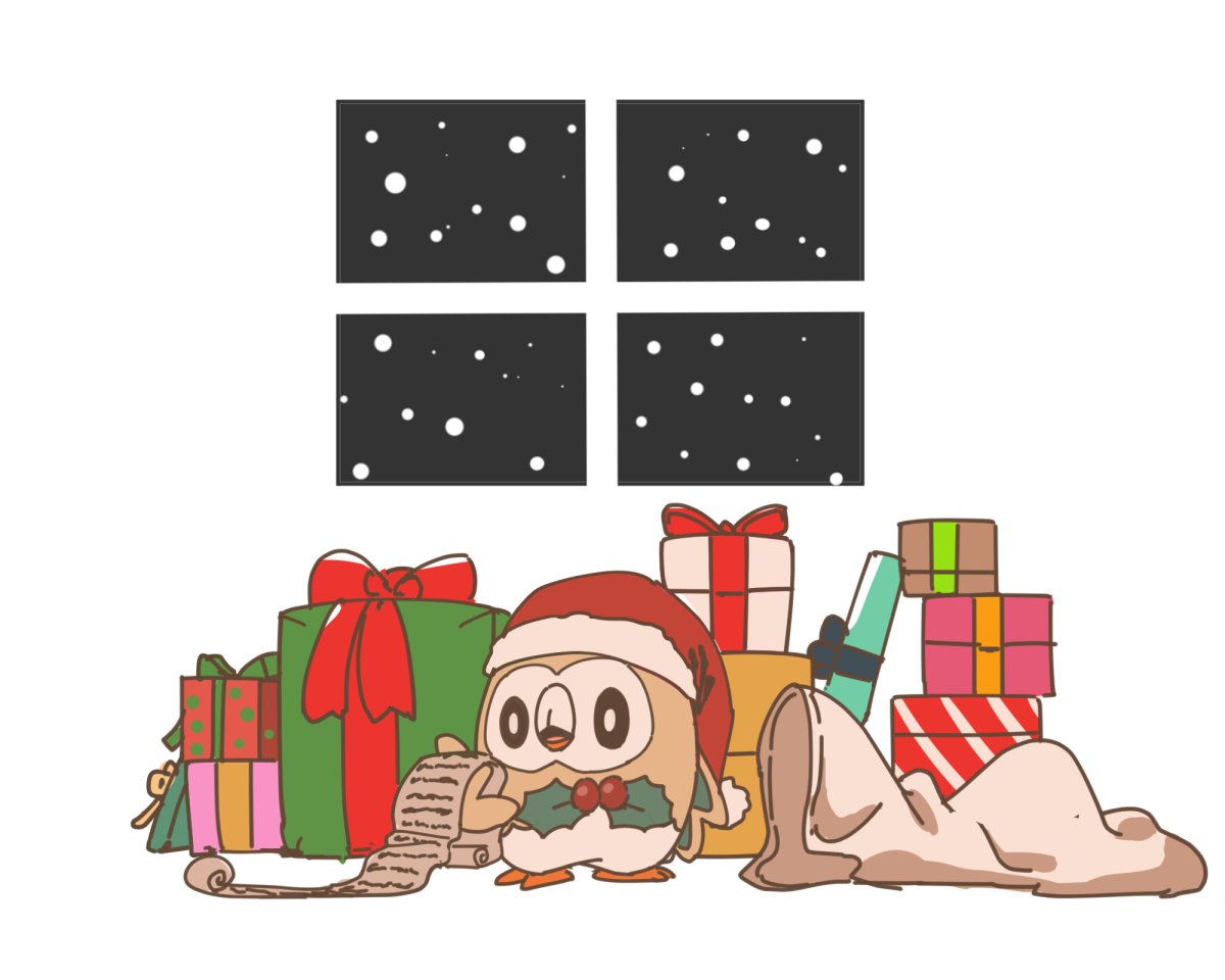 rowlet chimney no humans moon pokemon (creature) hat santa hat night  illustration images