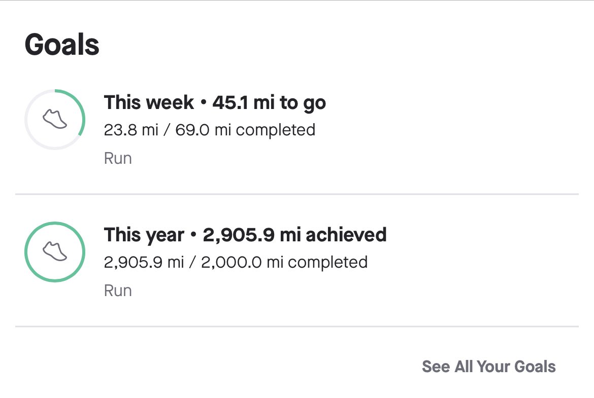 stentordoc's tweet photo. Blew by my 2000 mile goal a few months ago, so I set my sights on 3000. It was looking like a sure thing a month ago, but then I took 9 days off after my #turkeytrotmarathon. Now I’ve only left myself 8 days to do the final 95 miles. Time to buckle up 🤪 https://t.co/rOcmUK0FvO