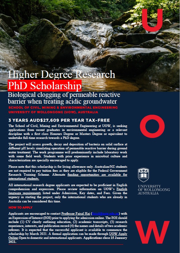 DrFaisalHai's tweet photo. For our @arc_gov_au funded #Linkage project we invite EOI via email from eligible candidates for a #PhD #scholarship in #bioclogging of #porous media during treatment of #acidic #groundwater.
#StrategicWaterInfrastructureLab #SWIL #SchoolCME @uowresearch @UOW
#ResearchDirector https://t.co/iXk174uMBZ