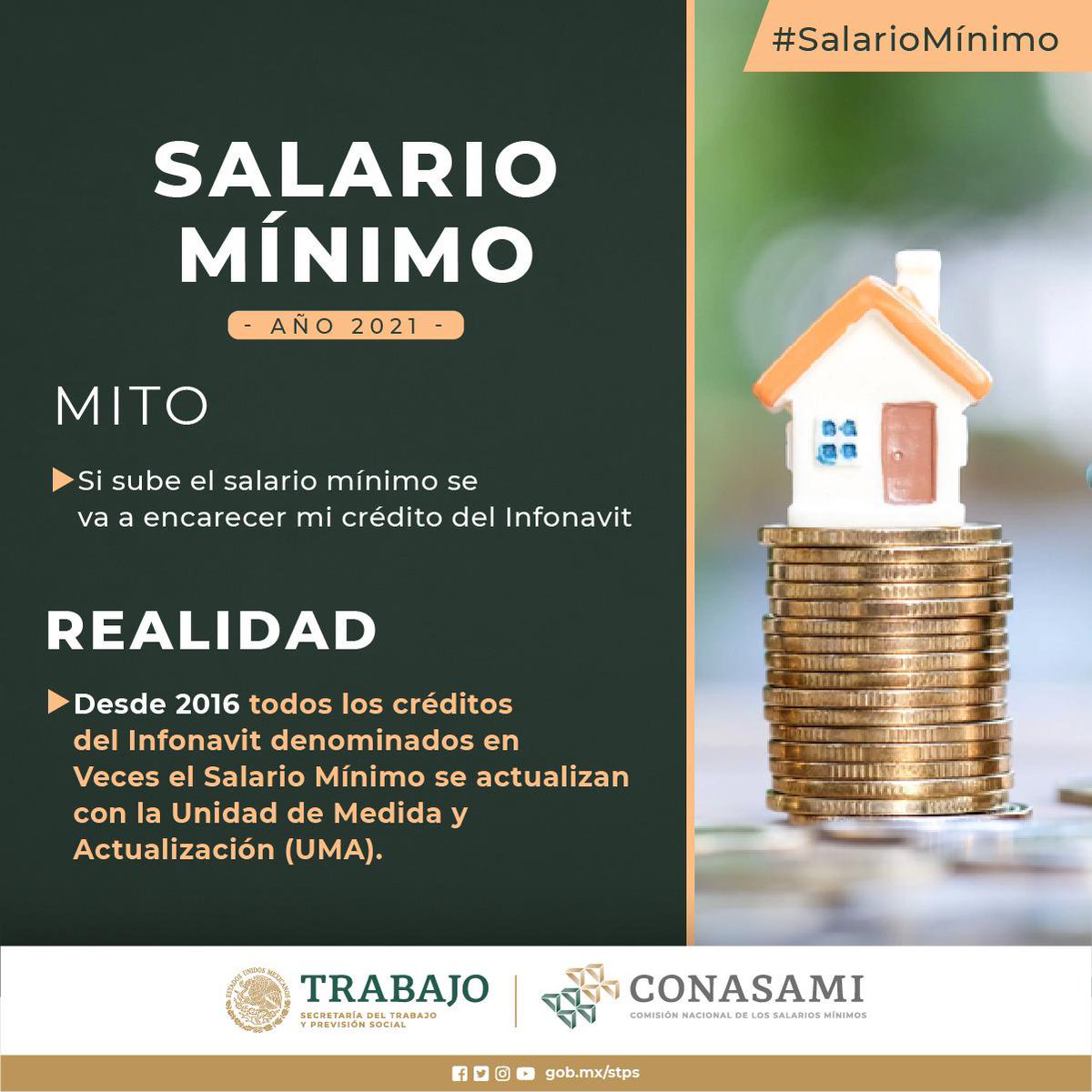 conasami's tweet photo. Debes saber que desde 2016, todos los créditos de @Infonavit se actualizan con la Unidad de Medida y Actualización (UMA) por lo que no son afectados por el incremento al #SalarioMínimo 🧐
#ConasamiInforma https://t.co/pjrqlcnBrj