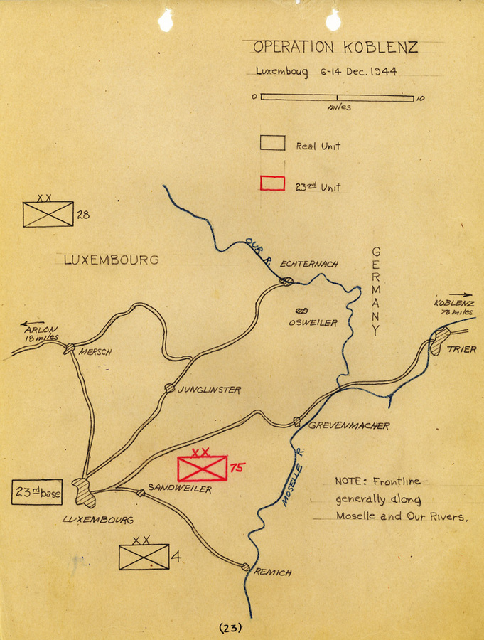 Operation KOBLENZ (Phase II) to begin 21 December to impersonate the 75th Infantry Division – which, incidentally, reported into this exact location five weeks later. 15/