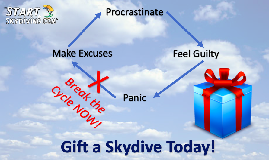 It's not too late to gift a skydive, whether it's a first or a 1,000th!
Use one of these two easy options:
1. Purchase a gift card (shop.startskydiving.com)
2. Book the jump(s) directly (bookings.startskydiving.com/70)
