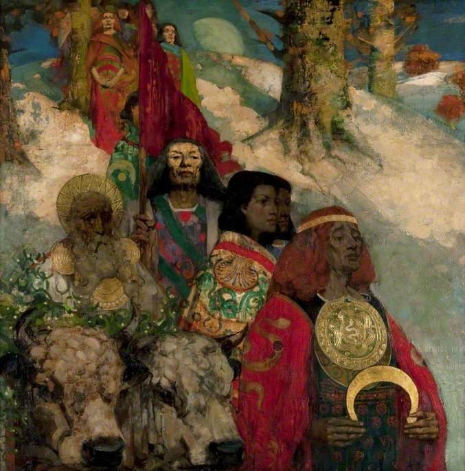 and then two white bulls were used to bring the mistletoe back home...the poor bulls were then sacrificed (!)...here is a famous painting by George Henry and Edward Atkinson Hornel called 'The Druids: Bringing in the Mistletoe' ( https://artuk.org/discover/artworks/the-druids-bringing-in-the-mistletoe-84452)...12: