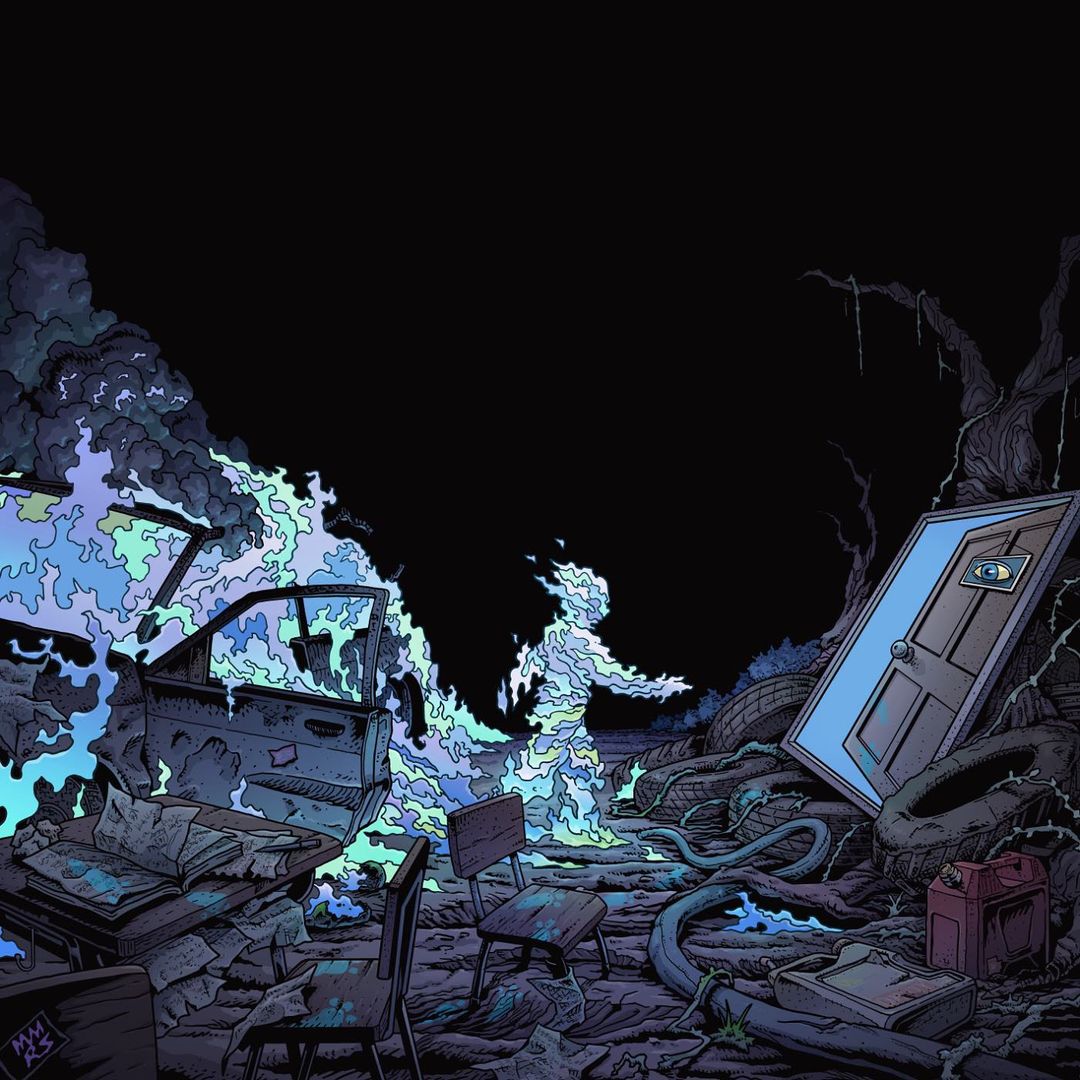 Cover art (main illustration)"Burning man is escaping from burning car.He found a door and decide to go forward it."