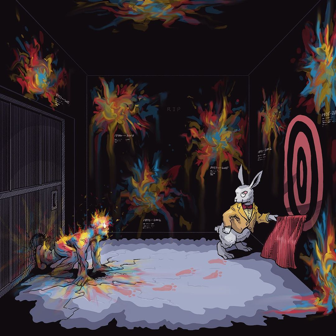 9th track - Kickout Code"Last room. Many of other people tried to break the wall, but they failed. He decided to break the wall and go outside.*Did you find rabbit footprints at previous illustrations?"