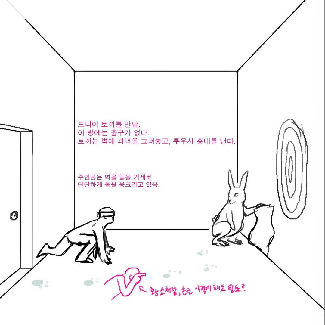 9th track - Kickout Code"Last room. Many of other people tried to break the wall, but they failed. He decided to break the wall and go outside.*Did you find rabbit footprints at previous illustrations?"