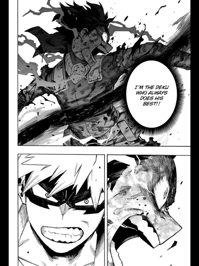 I hate to break it to y’all who seem to completely ignore certain things in canon but Izuku 100% has trauma from Bakugo’s bullying. He wouldn’t be shouting this as a war cry if Bakugo hadn’t given him the negative name in the first place - and if Ochako hadn’t changed it