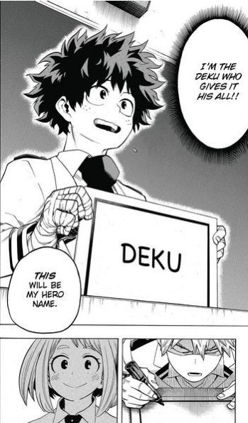 I hate to break it to y’all who seem to completely ignore certain things in canon but Izuku 100% has trauma from Bakugo’s bullying. He wouldn’t be shouting this as a war cry if Bakugo hadn’t given him the negative name in the first place - and if Ochako hadn’t changed it