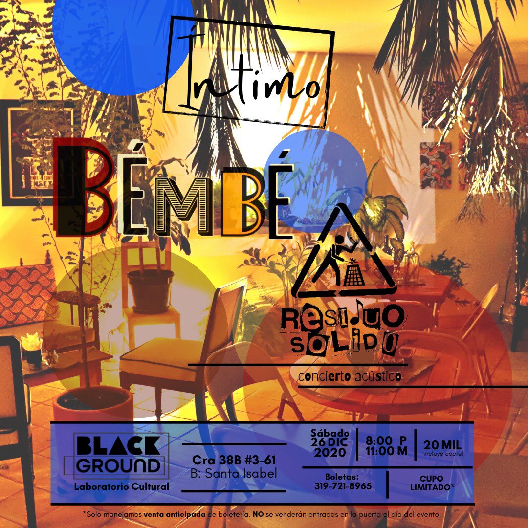 ResiduoSolidoM's tweet photo. Pachanguero!!!
Bueno gente quien quiere gozar con “María la O” en vivo? les invitamos cordialmente para que compartamos con * “*María la O*”*

*BlackGround Laboratorio Cultural* presenta: 

*Íntimo Bembé:*
*Residuo Sólido en Concierto Acústico* https://t.co/HEI5p4SWyi