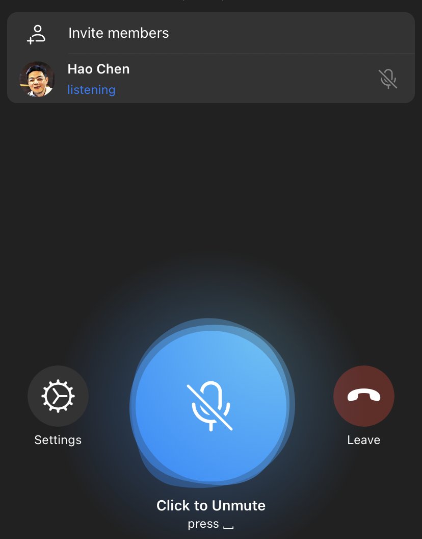 Hao Chen on Twitter "Telegram的 Voice Chat 的设计还是不错的，现有的开会软件都是需要人肉Mute