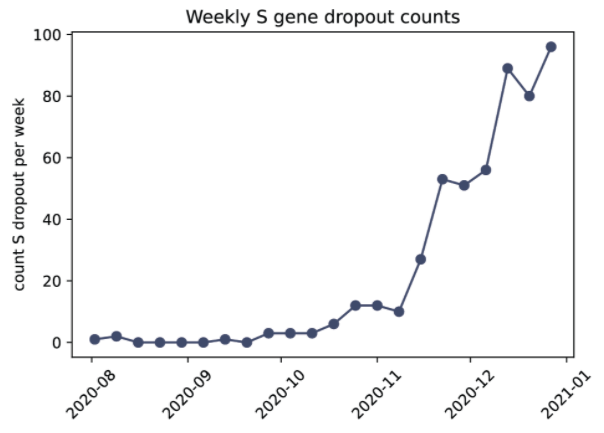 7/ - We saw close to 0 counts of S gene dropouts until October. - Since October, counts of S gene dropouts are increasing in the US.